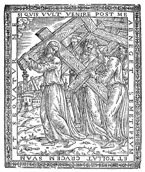 CRUCIFIXION OF CHRIST. Woodcut illustration of Christ on the way to his crucifixion