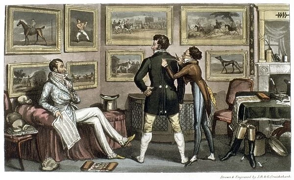 CRUIKSHANK: TAILOR, 1820. An English dandy (Tom) waits while his friend (Jerry)