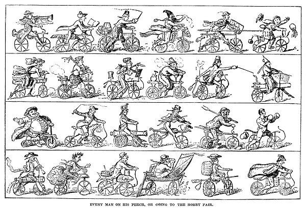 CRUISHANK: VELOCIPEDE. Every Man on his Perch, or Going to the Hobby Fair. English cartoon, 1819, by George Cruikshanks on the velociped mania