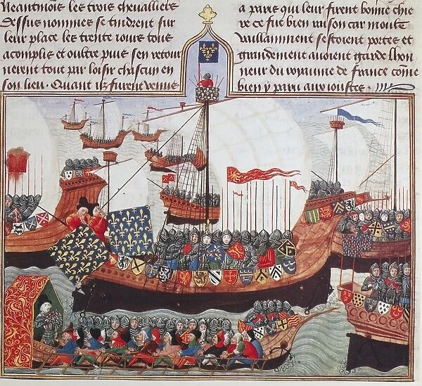CRUSADER FLOTILLA. Crusaders embarking for the Holy Land. Manuscript illumination