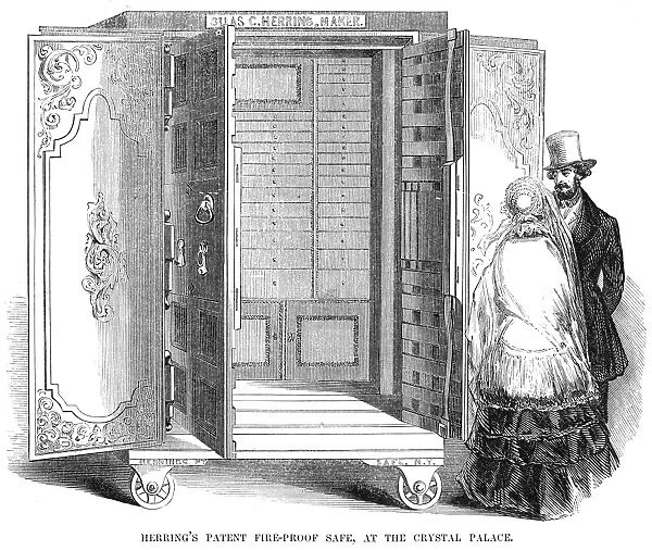 CRYSTAL PALACE, 1853. Herrings Patent Fire-Proof Safe, at the Crystal Palace, during the Exhibition of the Industry of All Nations, held at the Crystal Palace, New York, in 1853. Wood engraving from a contemporary American newspaper