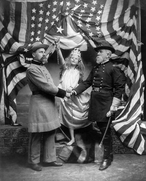CUBA LIBRE, c1898. Union and Confederate soldiers shake hands in front of a female