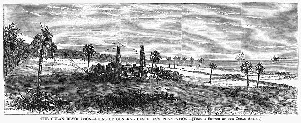 CUBA: TEN YEARS WAR. Ruins of General Carlos Manuel de Cespedess plantation. Wood engraving, American, 1869
