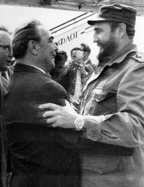 Cuban revolutionary leader. Castro (right) is greeted by Communist Party General Secretary Leonid Brezhnev upon his arrival at Moscows Vnukovo Airport, 26 June 1972