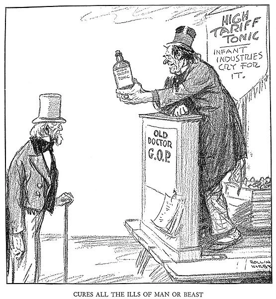 Cures All the Ills of Man or Beast. Cartoon, 1921, by Rollin Kirby commenting on the resurrection of the Fordney Emergency Tariff Bill, vetoed by President Woodrow Wilson but signed, 1921, by President Warren G. Harding