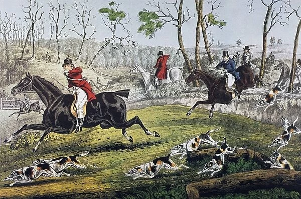 CURRIER: FOX CHASE  /  GONE AWAY. Lithograph, 1846, by Nathaniel Currier