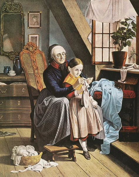 CURRIER & IVES: GRANDMOTHER. The Knitting Lesson. Undated, c1860, lithograph by Currier & Ives