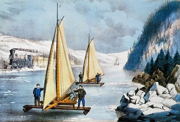 CURRIER & IVES WINTER SCENE. Ice-Boat Race on the Hudson : undated (c1860) lithograph by Currier & Ives
