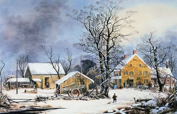 CURRIER & IVES WINTER SCENE. Winter in the Country : A Cold Morning : lithograph, 1864, by Currier & Ives
