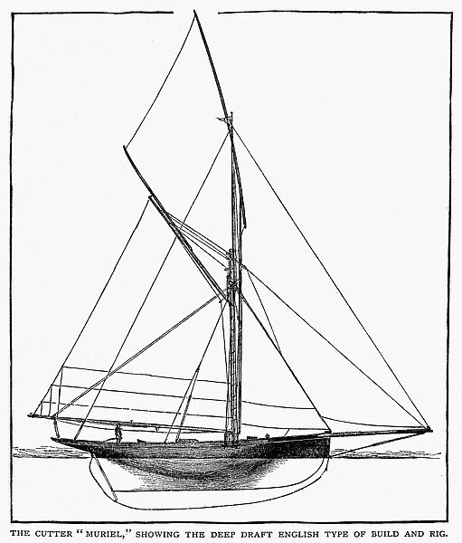 The cutter Muriel, showing the deep draft Englishy type of build and rig. Line engraving, 1882