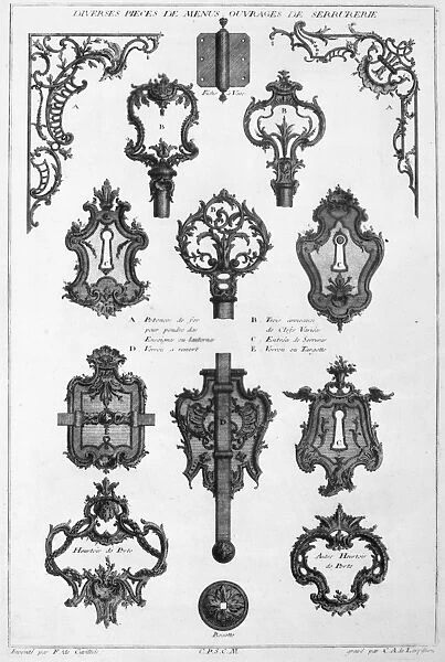 CUVILLIeS: LOCKS AND KEYS. Details of locks and keys. Engraving by Francois de Cuvilli