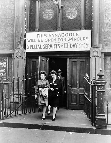 D-DAY SERVICES, 1944. Women and men exiting a synagogue on West 33rd Street after