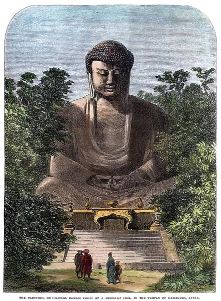 The Daibutsu, or colossal bronze image of a Buddhist idol, in the temple of Kamakura, Japan. Color engraving, 1865