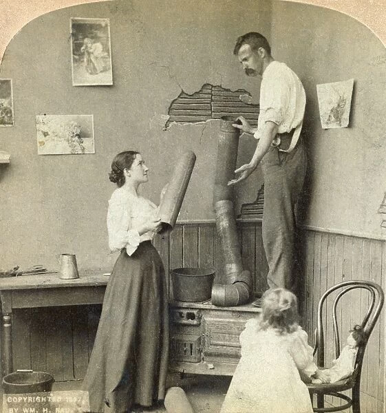 DAILY LIFE: CHORES, c1897. When a Mans Married His Trouble Begins. Stereograph