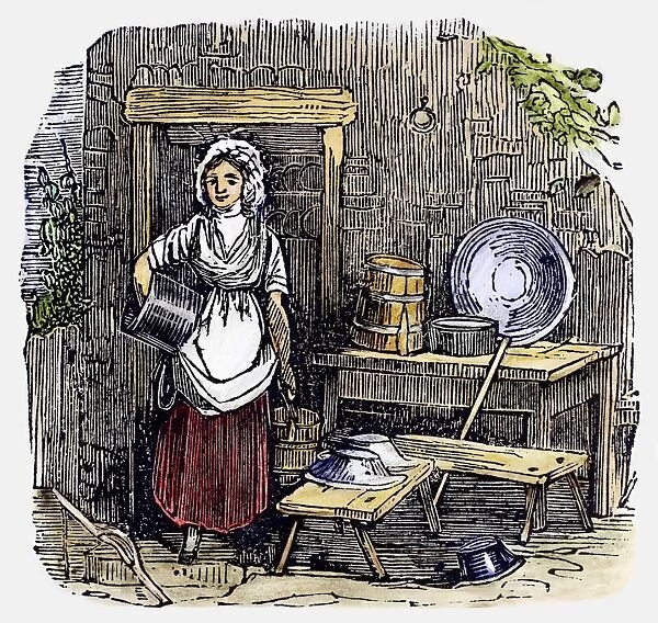 DAILY LIFE: HOUSEWORK. Wood engraving, American, early 19th century
