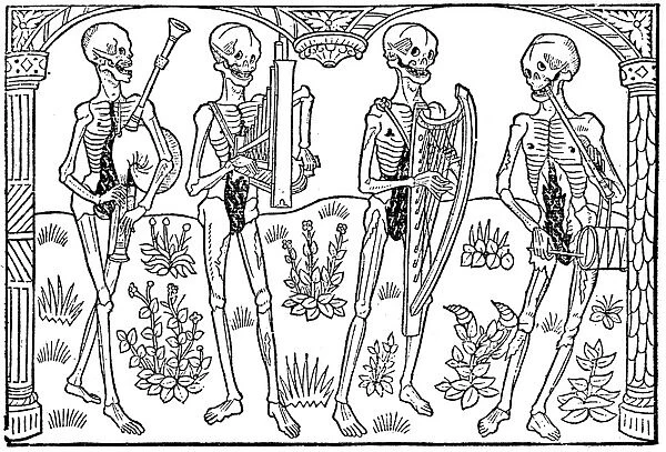DANCE OF DEATH, 1490. Four Figures of Death, Playing on Musical Instruments