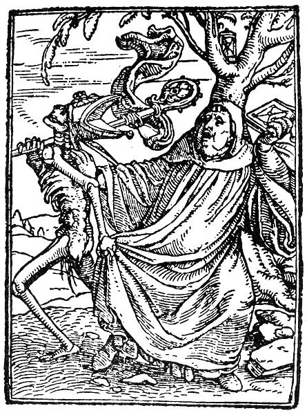 DANCE OF DEATH, 1538. Death and the Abbott. Woodcut by Hans Holbein the Younger