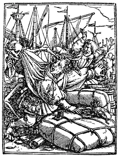 DANCE OF DEATH, 1538. Death and the Merchant. Woodcut by Hans Holbein the Younger