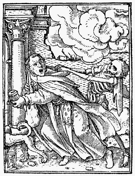DANCE OF DEATH, 1538. Death and the Monk. Woodcut after a drawing by Hans Holbein the Younger