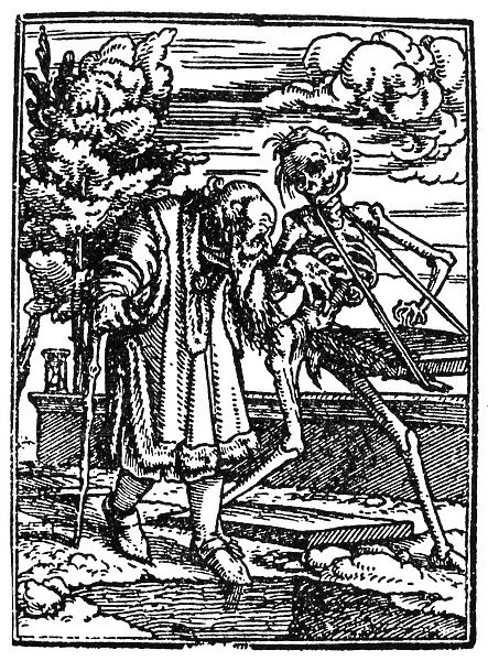 DANCE OF DEATH, 1538. Death and the Old Man. Woodcut by Hans Holbein the Younger