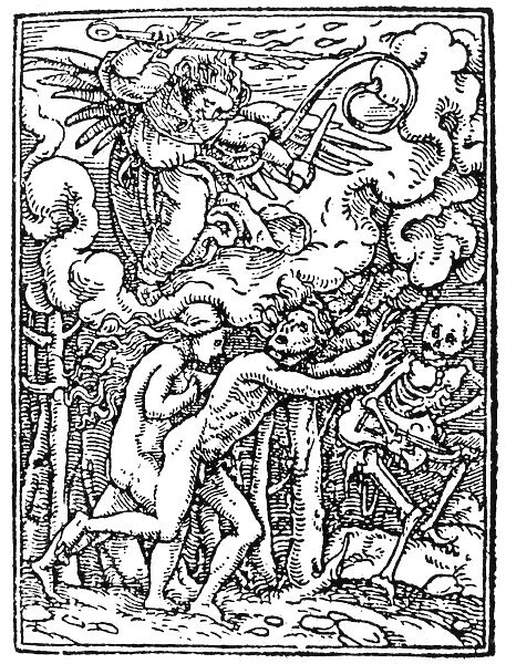 DANCE OF DEATH, 1538. The Expulsion. Woodcut from Hans Holbein the Youngers Dance of Death