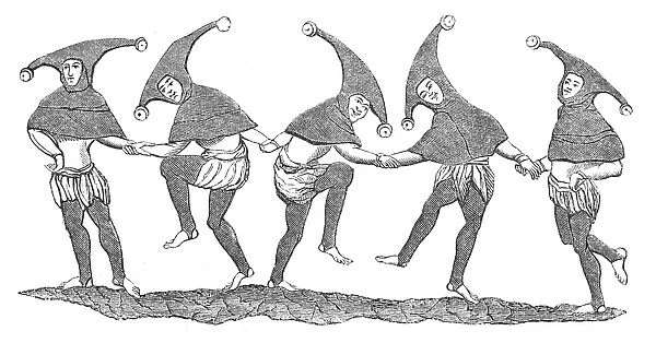 DANCE OF FOOLS. After an illumination in a 13th century English manuscript