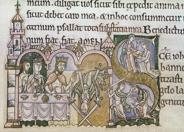 DANCE OF SALOME. The dance of Salome, with swords (left), and a historiated S