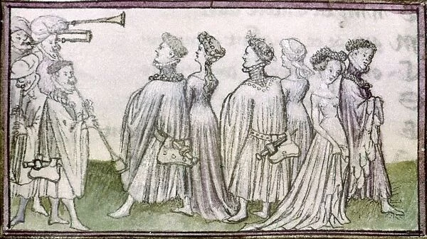 DANCERS, 15TH CENTURY. Three couples dance to the accompaniment of a wind ensemble