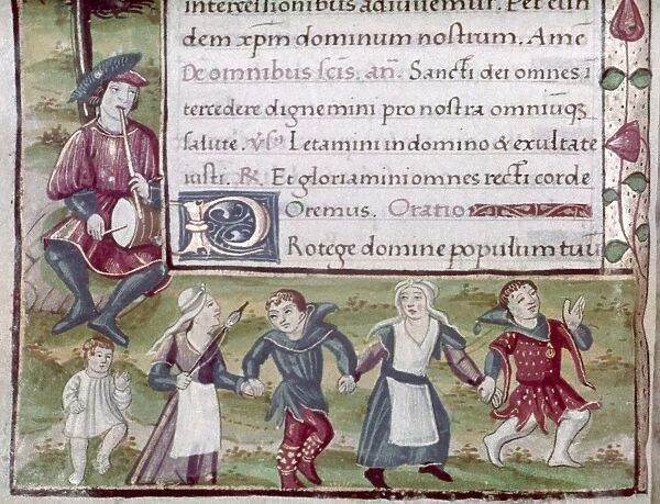 DANCERS, 15TH CENTURY. A group of peasants dancing the farandole to the accompaniment of pipe