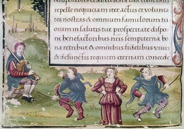 DANCERS, 15TH CENTURY. Two men and a woman dancing to bagpipes