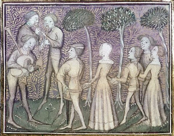 DANCERS, c1380. Men and women dancing with arms linked to the accompaniment of three musicians