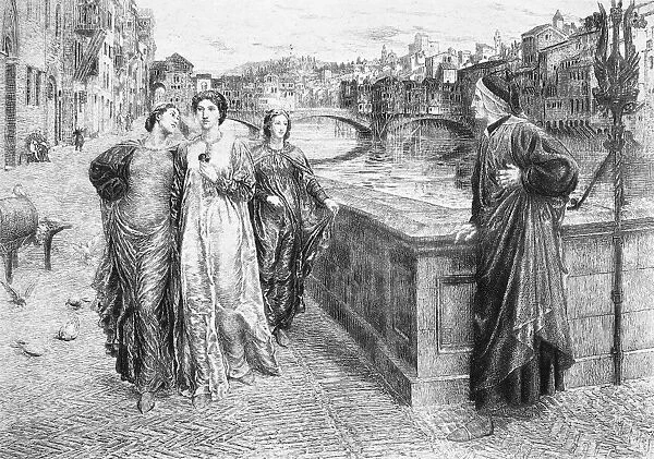 DANTE AND BEATRICE. The first meeting of Alighieri Dante and Beatrice. Etching, late 19th century, after Henry Holiday (1839-1927)