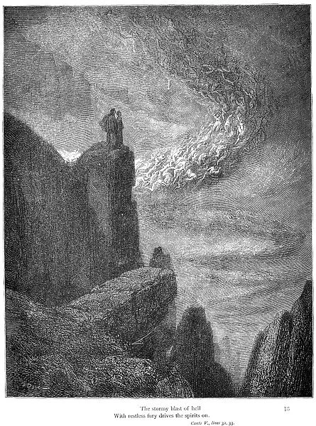 DANTE: INFERNO. The stormy blast of hell; With restless fury drives the spirits on. Wood engraving, 1861, after Gustave Dore