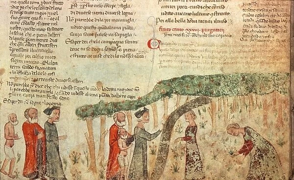 DANTEs PURGATORY. Dante, Virgil and Statius: illumination from a late 14th century Italian ms