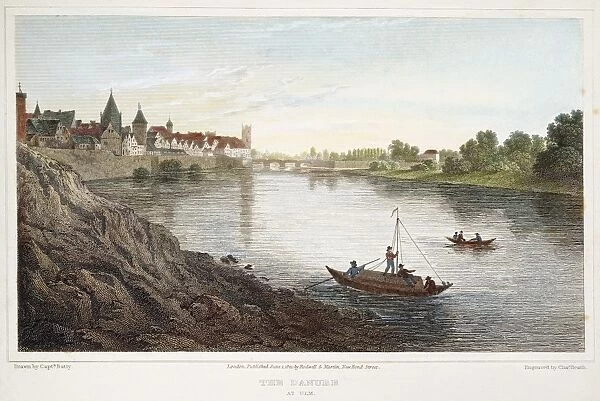 DANUBE: ULM, 1821. A view of the Danube at Ulm, Germany: steel engraving, 1821, after a drawing by Robert Batty