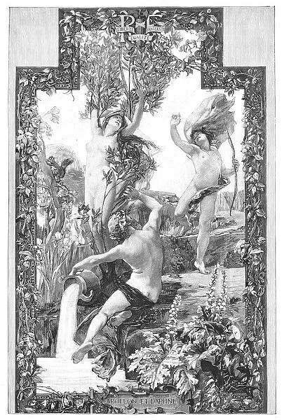 DAPHNE AND APOLLO. Daphne, pursued by Apollo, is transformed into a laurel (bay) tree. Line engraving after a late 19th century Gobelin tapestry