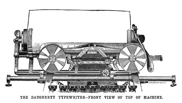 DAUGHERTY TYPEWRITER, 1895. Front view of a Daugherty typewriter. Engraving, American