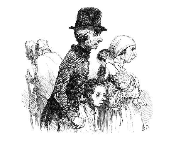 DAUMIER: BEGGARS, 1843. Les mendiants. A family of beggars, consisting of a man