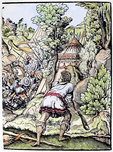 DAVID AND GOLIATH. David prepares to hurl his stone at Goliath, the Philistine warrior