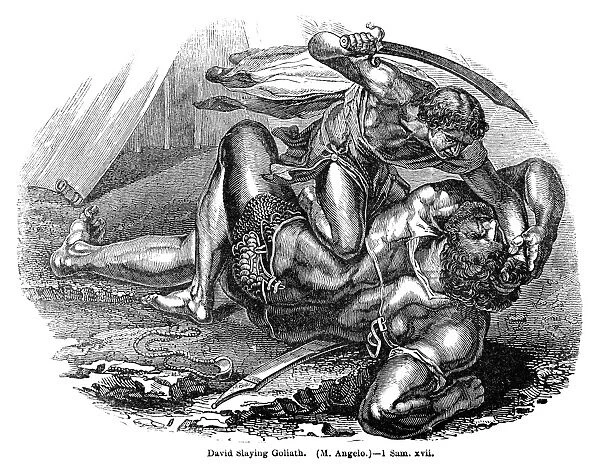 DAVID AND GOLIATH. David slaying the giant Goliath. Wood engraving, 19th century