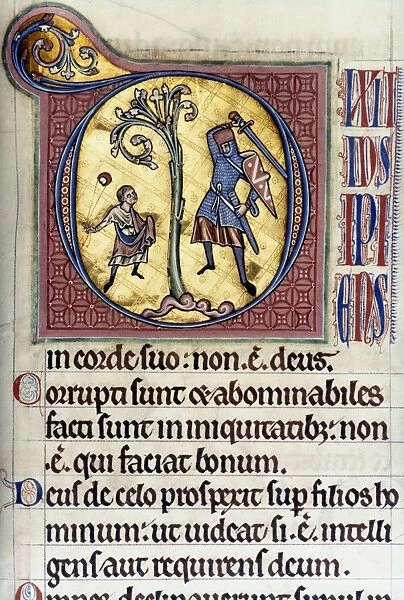 DAVID & GOLIATH. Manuscript llumination from the Peterborough Psalter, English, c1220