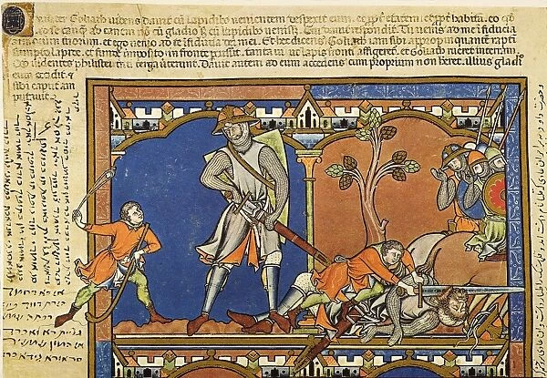 DAVID SLAYS GOLIATH. David slays Goliath with a sling and cuts off his head (I Samuel xvii