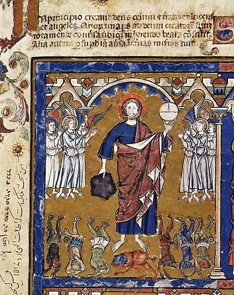 DAY ONE OF CREATION (Genesis 1: 1-5). French manuscript illumination, c1250
