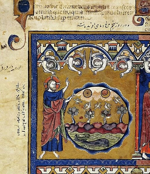 DAY FIVE OF CREATION (Genesis 1: 20-23). French manuscript illumination, c1250