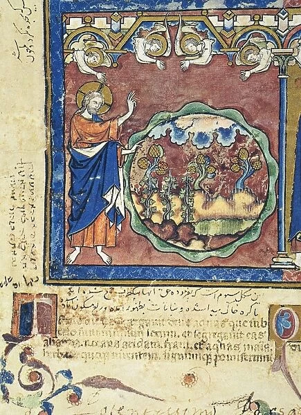 DAY THREE OF CREATION (Genesis 1: 9-13). French manuscript illumination, c1250