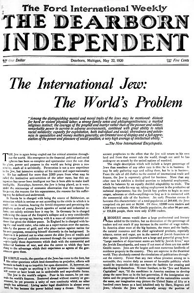 DEARBORN INDEPENDENT, 1920. Front page of The Dearborn Independent, also known