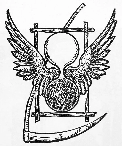 DEATH, 17th CENTURY. The winged hourglass and scythe which symbolize the flight of time