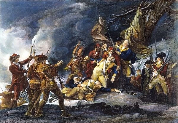 The death of General Richard Montgomery during his assault on Quebec, 31 December 1775. Colored engraving after John Trumbull