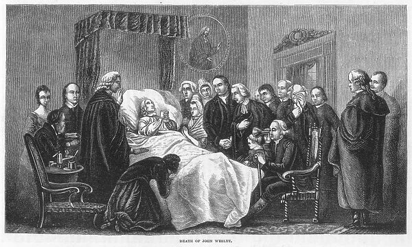 DEATH OF JOHN WESLEY (1703-1791). English religious leader: Wood engraving, American, 1874