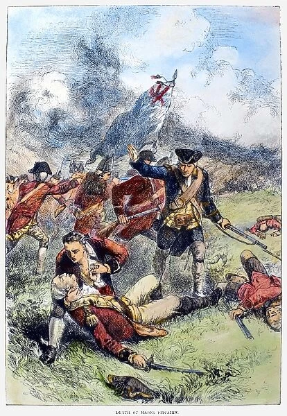 The death of Major John Pitcairn of the British Royal Marines at the Battle of Bunker Hill during the American Revolutionary War, 17 June 1775. Wood engraving, English, 19th century